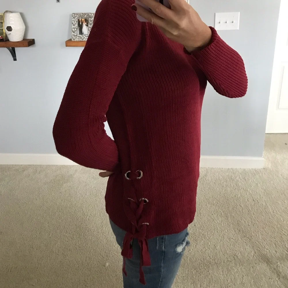 Dark Red Side Tie Sweater - Picture 2 of 6